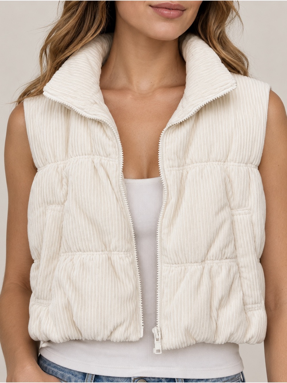 Cropped Cream Quilted Puffer Vest